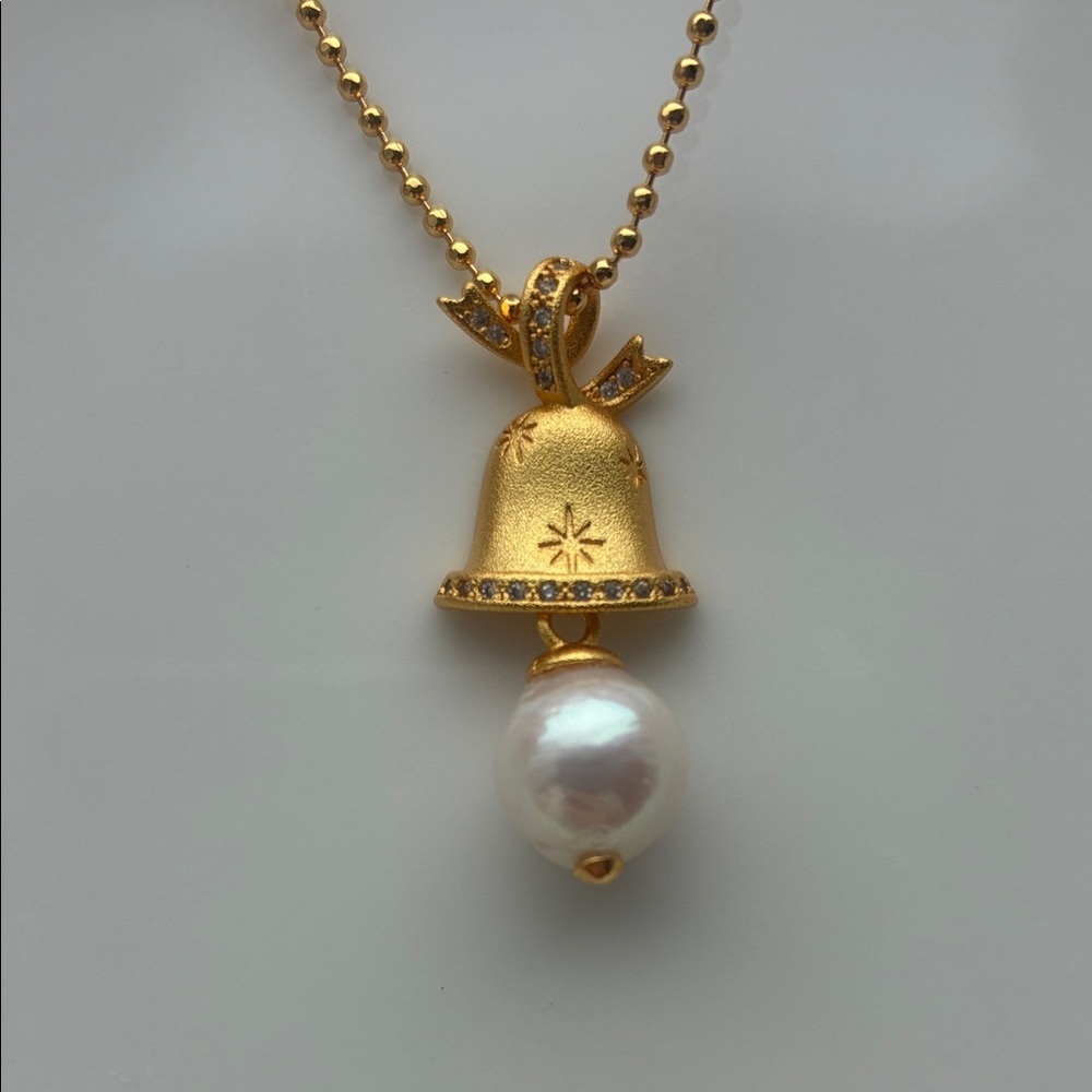 Gold-Plated Christmas Bell Pendant with Freshwater Pearl| Christmas jewelry gift - Picture 4 of 8